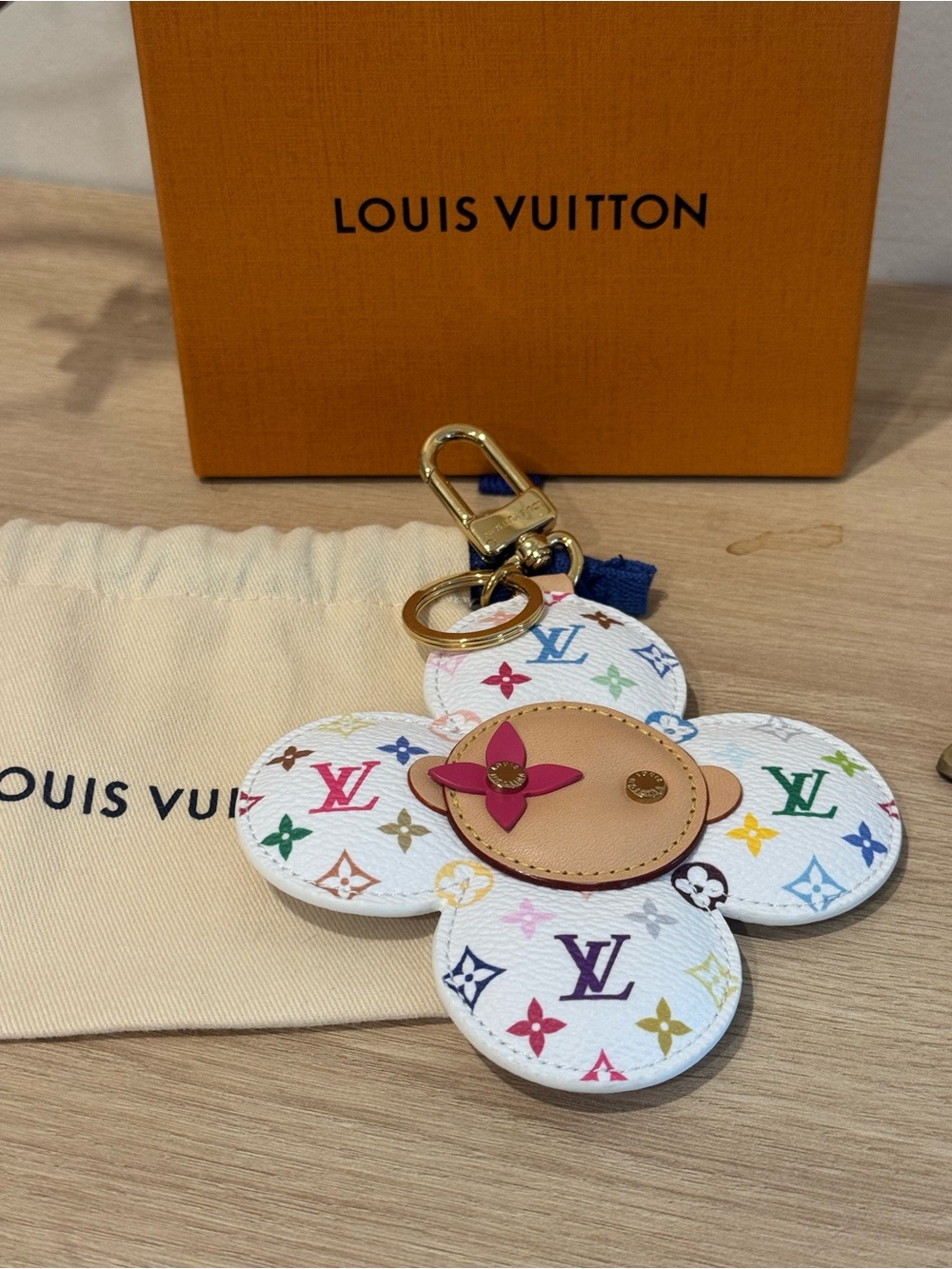 Louis Vuitton White Multicolor Monogram Flower Keyring with Gold Hardware